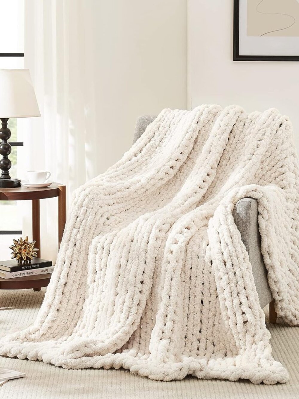 Chunky Knit Blanket Throw,Soft Chenille Yarn Throw Blanket 50x60，Handmade Cable